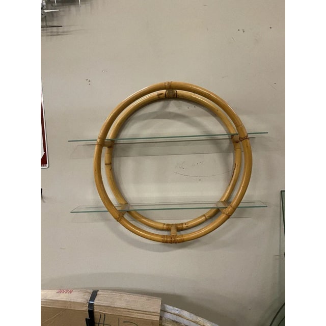 Restored Circular Rattan Wall "Skeleton" Shelf W/ Glass Tiers - 2