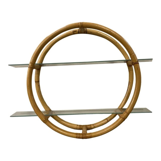 Restored Circular Rattan Wall "Skeleton" Shelf W/ Glass Tiers - 9