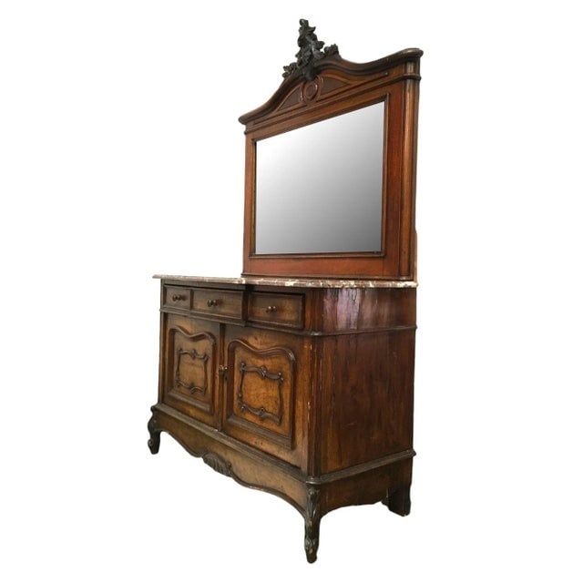 Louis XVI Solid Oak Dressing Vanity Table With Mirror and Marble Top - 12