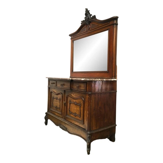 Louis XVI Solid Oak Dressing Vanity Table With Mirror and Marble Top (1 of 12)