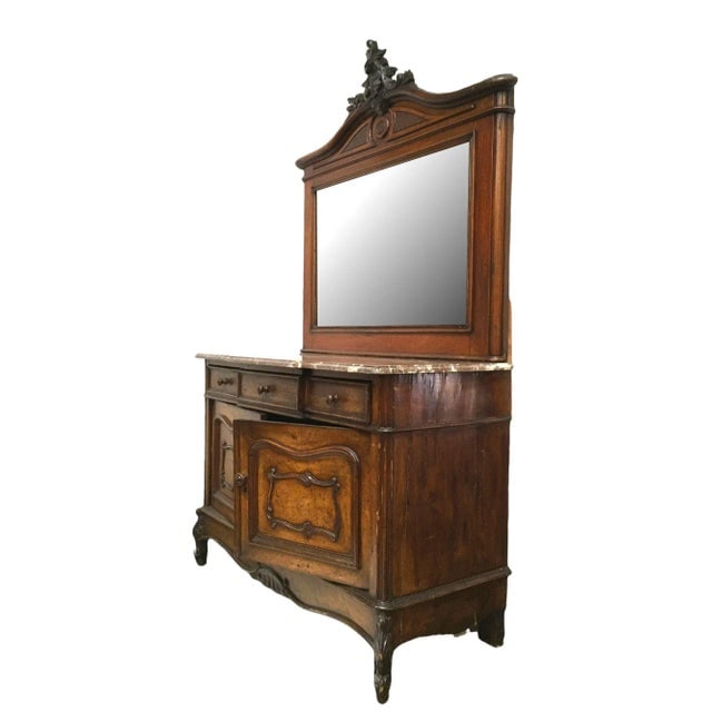 Louis XVI Solid Oak Dressing Vanity Table With Mirror and Marble Top - 2
