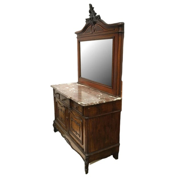 Louis XVI Solid Oak Dressing Vanity Table With Mirror and Marble Top - 3