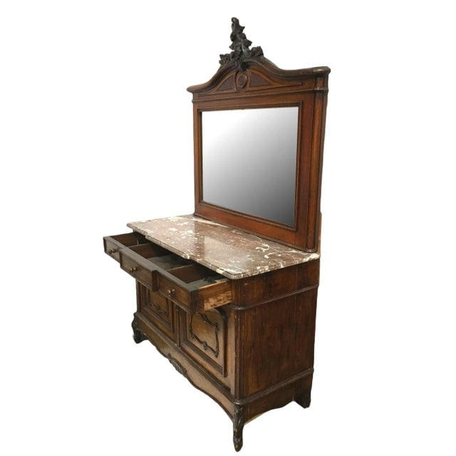 Louis XVI Solid Oak Dressing Vanity Table With Mirror and Marble Top - 4