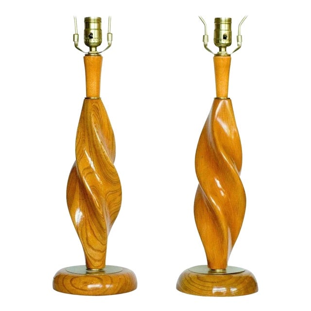 Mid-Century Carved Spiral Oak & Brass Sculptural Table Lamps by Yasha Heifetz, Unmarked - a Pair (1 of 5)