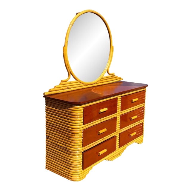 1930s Restored Paul Frankl Style Stacked Rattan & Mahogany Lowboy Dresser W/ Mirror: Title: 1930s Restored Paul Frankl Style Stacked Rattan & Mahogany Lowboy Dresser W/ Mirror Description: Restored Art Deco era rattan lowboy dresser with a mahogany top and six pull-out mahogany fronte