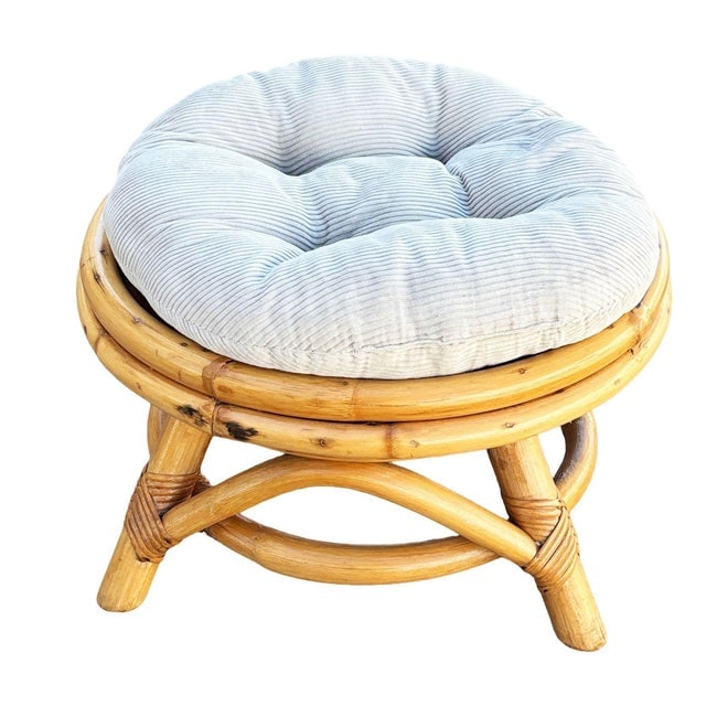 1950s Restored Mid-Century Rattan Round Ottoman W/ Tufted Cushion - 2