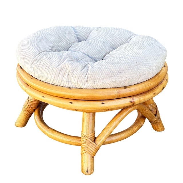 1950s Restored Mid-Century Rattan Round Ottoman W/ Tufted Cushion - 3