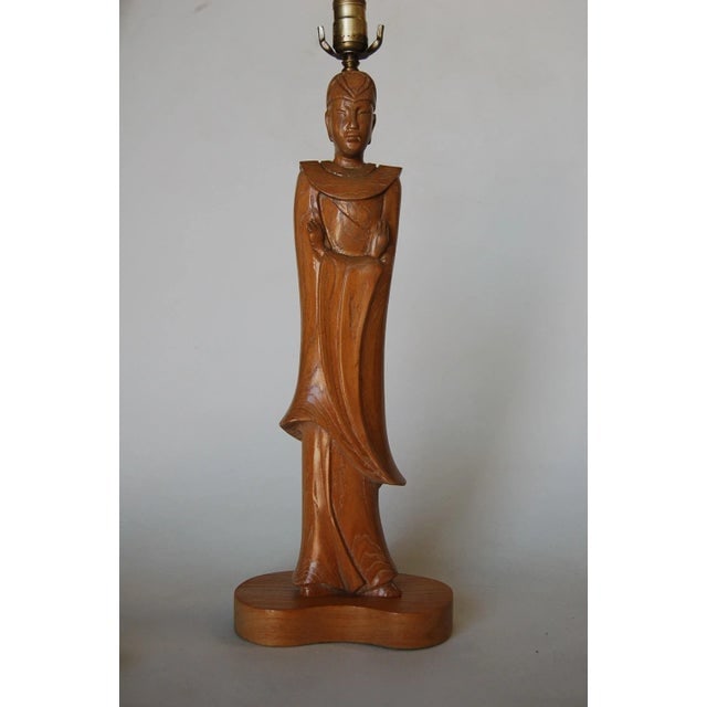 Mid-Century Carved Oak Chinese Monk Wood Figure Lamp - 12
