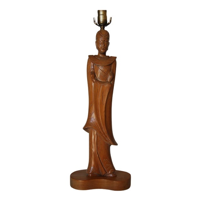 Mid-Century Carved Oak Chinese Monk Wood Figure Lamp (1 of 12)