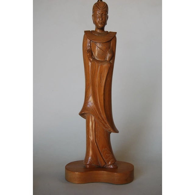Mid-Century Carved Oak Chinese Monk Wood Figure Lamp - 2