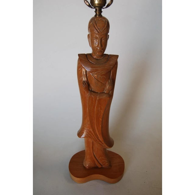 Mid-Century Carved Oak Chinese Monk Wood Figure Lamp - 3