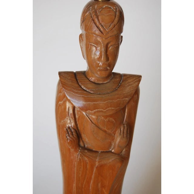 Mid-Century Carved Oak Chinese Monk Wood Figure Lamp - 4