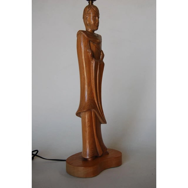 Mid-Century Carved Oak Chinese Monk Wood Figure Lamp - 5
