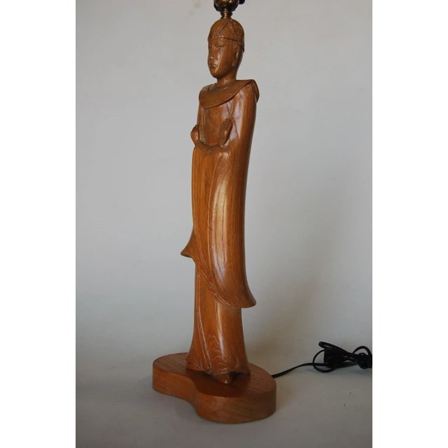 Mid-Century Carved Oak Chinese Monk Wood Figure Lamp - 7