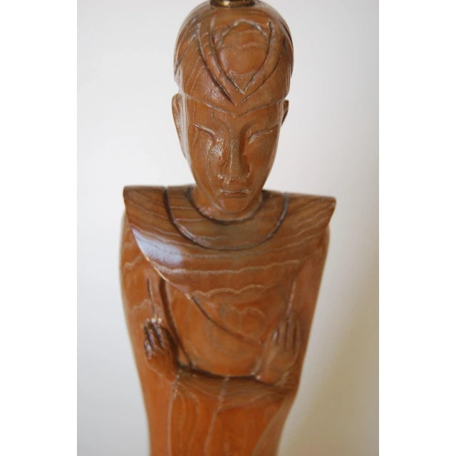 Mid-Century Carved Oak Chinese Monk Wood Figure Lamp - 9