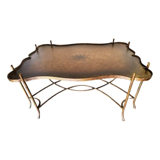 Late 20th Century Maitland Smith Gilded Iron Faux Bois Tray Top Statement Tole Cocktail Table (1 of 4)