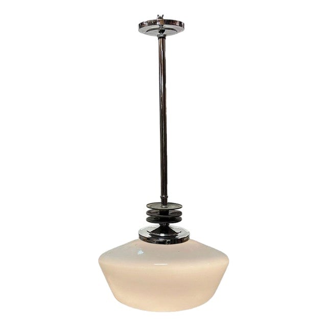 1930s Art Deco Chrome Streamline Pendant Light W/ Opal Schoolhouse Globe (1 of 5)