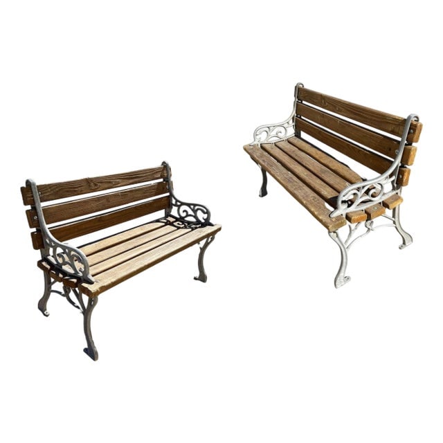 1900-1909 Restored Victorian Cast Iron & Wooden Lath Garden Bench W/ Vine Leaf Detail Pair (1 of 6)