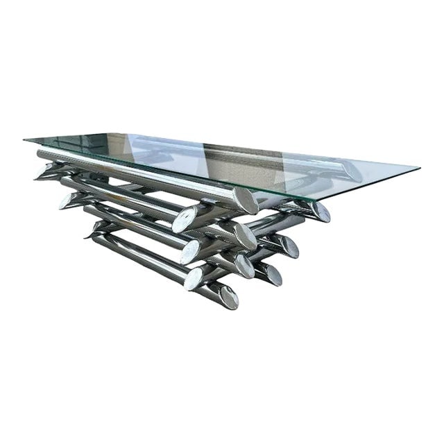 Late 20th Century Paul Mayen Style Chrome Tubular Stacked Cocktail Table: Title: Late 20th Century Paul Mayen Style Chrome Tubular Stacked Cocktail Table Description: 1970s Space Age chrome tubular steel coffee table with 8 layers of chromed metal tubes and a thick slightly