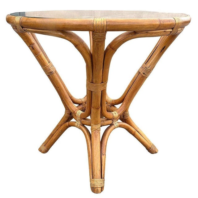 Restored MCM Modernist Rattan Hourglass Round End Table W/ Glass Top - 2