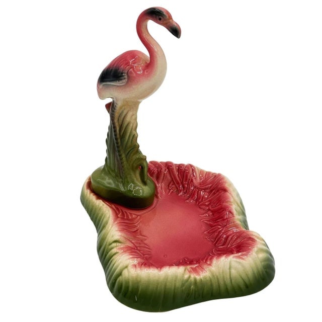 Mid Century Pink and Green Flamingo Ceramic Figurine in Flamingo Pool Ring Tray - 2