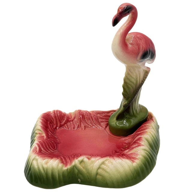 Mid Century Pink and Green Flamingo Ceramic Figurine in Flamingo Pool Ring Tray - 3