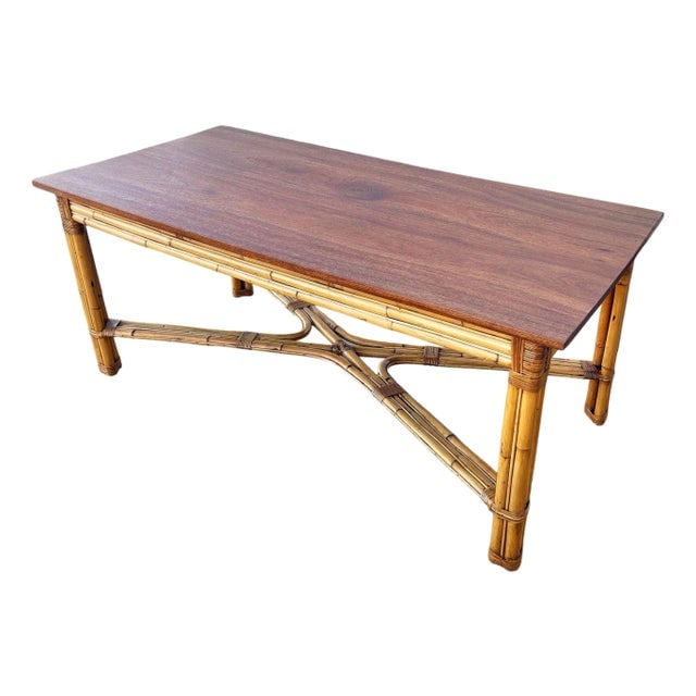 1940s Restored Mid-Century X-Pattern Coastal Rattan Dining Table W/ Mahogany Top (1 of 7)