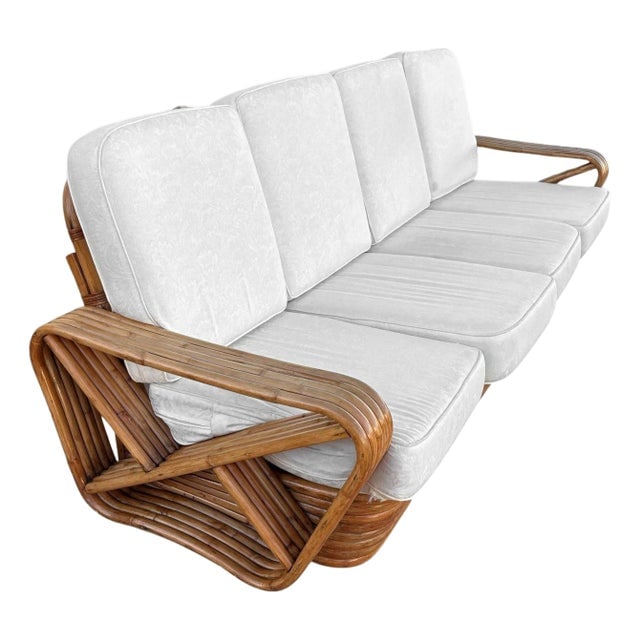 1940s Restored Paul Frankl Inspired 5-Strand Square Pretzel 4-Seat Sectional Rattan Sofa: Title: 1940s Restored Paul Frankl Inspired 5-Strand Square Pretzel 4-Seat Sectional Rattan Sofa Description: This beautifully restored rattan 5-Strand square pretzel 4-Seat Sofa offers spacious seatin