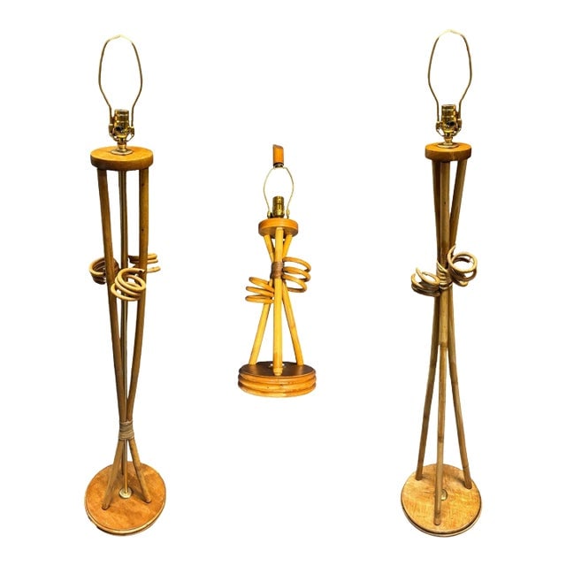 Restored Mid-Century "Hourglass" Rattan Floor/Table Lamps Set of 3 (1 of 8)