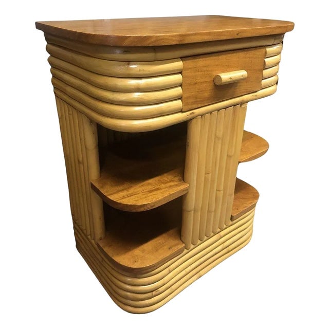 1930s Restored Frankl Inspired Stacked Rattan Streamline Side Table W/ Floating Shelf: Title: 1930s Restored Frankl Inspired Stacked Rattan Streamline Side Table W/ Floating Shelf Description: This beautifully restored rattan three-tier rattan end table was inspired by the works of Paul
