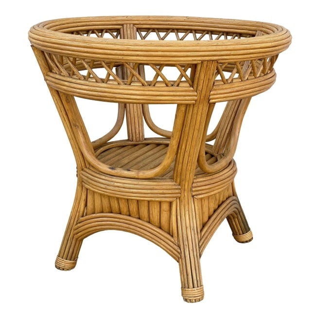 Art Deco Presidents Stick Reed Rattan Round Glass Top Dining Table - 6