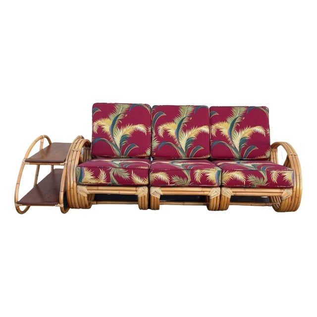 1940s Restored Rattan 3-Strand Full Round Pretzel Sofa & Side Table Living Room Set: Title: 1940s Restored Rattan 3-Strand Full Round Pretzel Sofa & Side Table Living Room Set Description: The Restored Rattan 3-Strand Full Pretzel 3-Seater Sofa exudes vintage charm with its elegant
