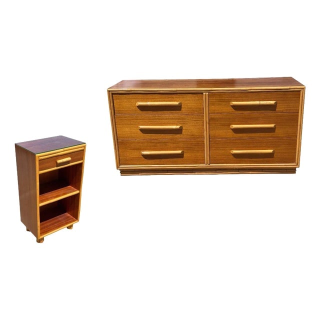 1940s Restored Rattan and Mahogany Lowboy Dresser and Nightstand Set of 2: Title: 1940s Restored Rattan and Mahogany Lowboy Dresser and Nightstand Set of 2 Description: We take pride in offering the finest rattan available, showcasing expert craftsmanship through