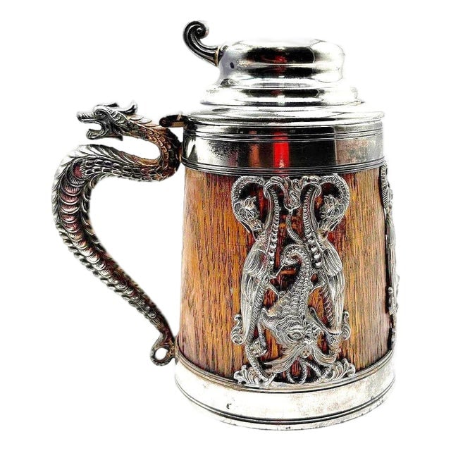 1920s Silverplate Oak Tankard Beer Stein W/ Dragon Motif, by St. Louis Silver Co. (1 of 9)