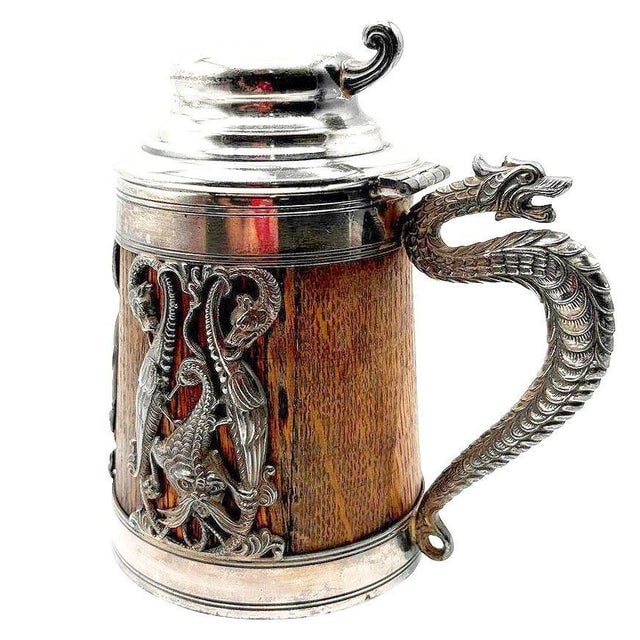 1920s Silverplate Oak Tankard Beer Stein W/ Dragon Motif, by St. Louis Silver Co. - 3