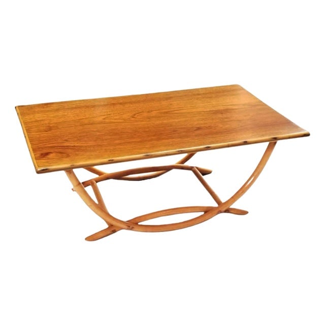 1950s Restored Mid-Century Rattan Coffee Table W/ Arched Legs & Mahogany Top (1 of 4)