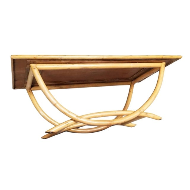 1950s Restored Mid-Century Rattan Coffee Table W/ Arched Legs & Mahogany Top - 2