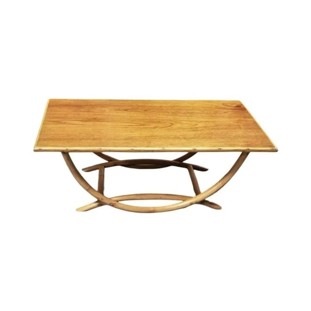 1950s Restored Mid-Century Rattan Coffee Table W/ Arched Legs & Mahogany Top - 3