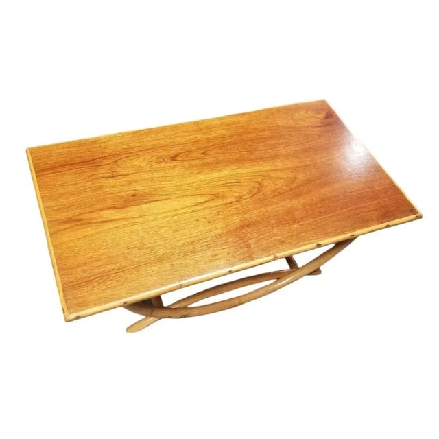 1950s Restored Mid-Century Rattan Coffee Table W/ Arched Legs & Mahogany Top - 4