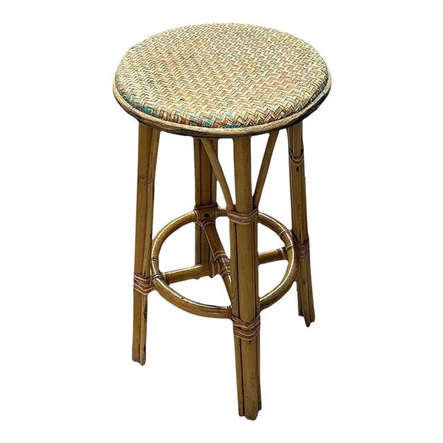 1960s 3-Strand Rattan Barstool With Multi-Color Woven Seat (1 of 7)