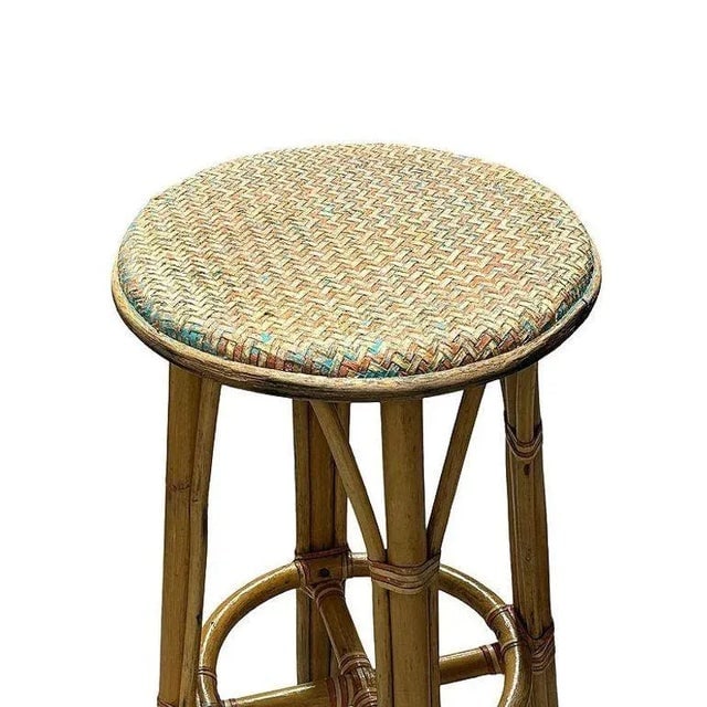 1960s 3-Strand Rattan Barstool With Multi-Color Woven Seat - 3