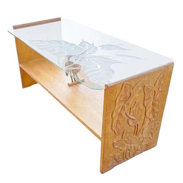 Restored Hand Carved Hawaiian Koa Wood 2 Tiered Coffee Table W/ Glass Table - 3
