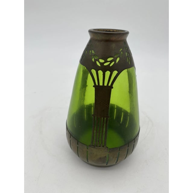 Circa 1900s French Art Nouveau Copper & Green Glass Vase - 2