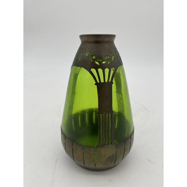 Circa 1900s French Art Nouveau Copper & Green Glass Vase - 4