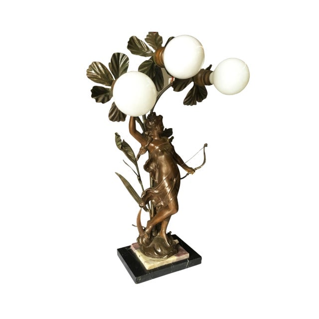 Early Three Bulb Art Nouveau Figural Bronze and Marble Table Lamp (1 of 8)