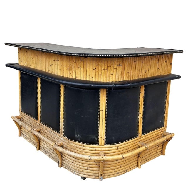 1950s Restored Stacked Front Stacked L Shaped Rattan Bar W/ Nailhead Naugahyde Top - 2