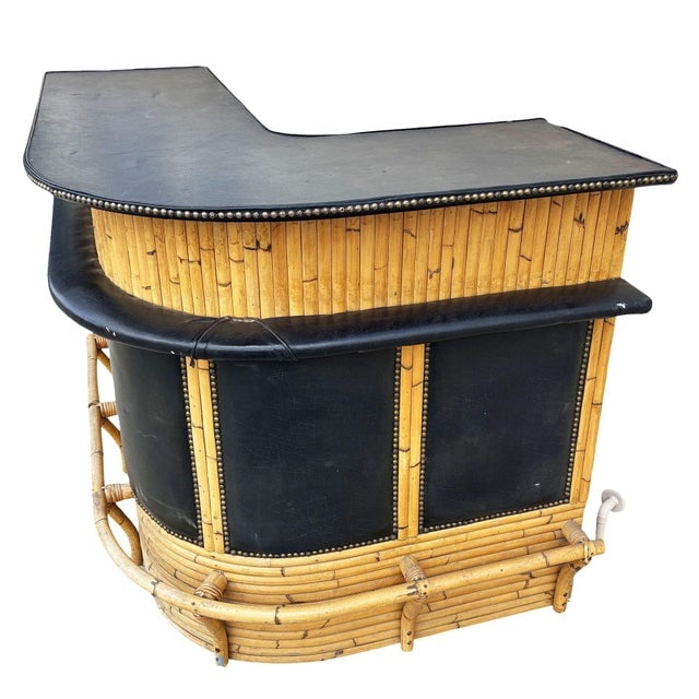 1950s Restored Stacked Front Stacked L Shaped Rattan Bar W/ Nailhead Naugahyde Top - 3
