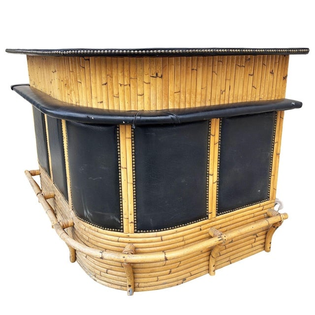 1950s Restored Stacked Front Stacked L Shaped Rattan Bar W/ Nailhead Naugahyde Top - 4