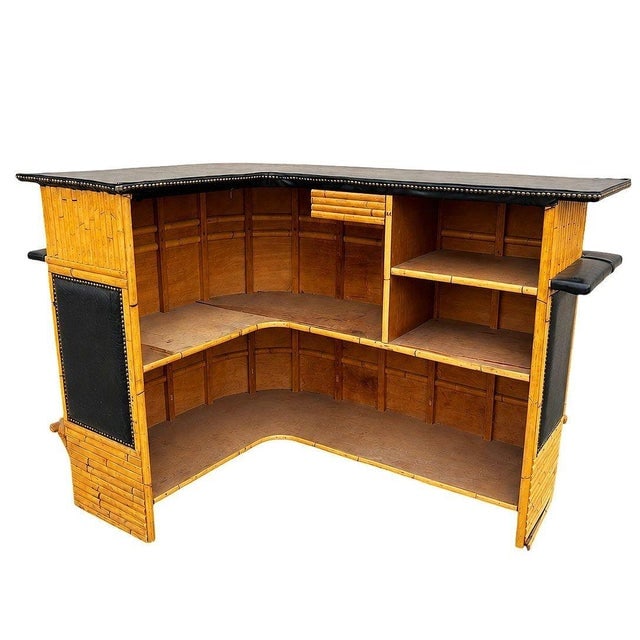 1950s Restored Stacked Front Stacked L Shaped Rattan Bar W/ Nailhead Naugahyde Top - 6