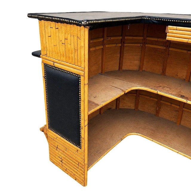 1950s Restored Stacked Front Stacked L Shaped Rattan Bar W/ Nailhead Naugahyde Top - 7